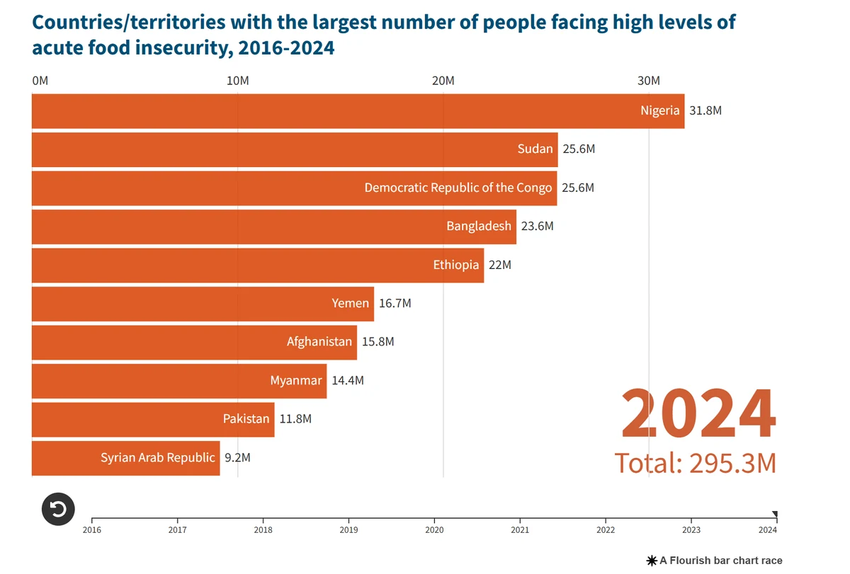 Bar chart of the countries with the most people facing high levels of acute food insecurity in 2024, led by Nigeria (31.8 million), Sudan and the Democratic Republic of the Congo (25.6 million each); 295.3 million people in total.